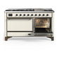 ILVE Majestic III 60-Inch Dual Fuel Range with 9 Sealed Burners + Griddle, 5.8 cu. ft. Oven, Antique White with Burnished Trim, Natural Gas, Solid Door, UM60FQNR3AWB