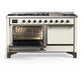 ILVE Majestic III 60-Inch Dual Fuel Range with 9 Sealed Burners + Griddle, 5.8 cu. ft. Oven, Antique White with Burnished Trim, Natural Gas, Solid Door, UM60FQNR3AWB