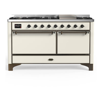 ILVE Majestic III 60-Inch Dual Fuel Range with 9 Sealed Burners + Griddle, 5.8 cu. ft. Oven, Antique White with Burnished Trim, Natural Gas, Solid Door, UM60FQNR3AWB
