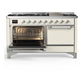 ILVE Majestic III 60-Inch Dual Fuel Range with 9 Sealed Burners + Griddle, 5.8 cu. ft. Oven, Antique White with Chrome Trim, Natural Gas, Solid Door, UM60FQNR3AWC