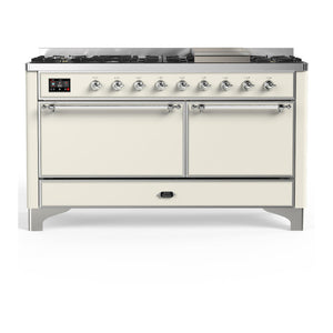 ILVE Majestic III 60-Inch Dual Fuel Range with 9 Sealed Burners + Griddle, 5.8 cu. ft. Oven, Antique White with Chrome Trim, Natural Gas, Solid Door, UM60FQNR3AWC