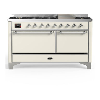 ILVE Majestic III 60-Inch Dual Fuel Range with 9 Sealed Burners + Griddle, 5.8 cu. ft. Oven, Antique White with Chrome Trim, Natural Gas, Solid Door, UM60FQNR3AWC