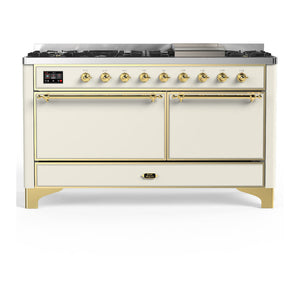 ILVE Majestic III 60-Inch Dual Fuel Range with 9 Sealed Burners + Griddle, 5.8 cu. ft. Oven, Antique White with Brass Trim, Liquid Propane, Solid Door, UM60FQNR3AWGLP