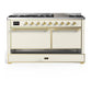 ILVE Majestic III 60-Inch Dual Fuel Range with 9 Sealed Burners + Griddle, 5.8 cu. ft. Oven, Antique White with Brass Trim, Natural Gas, Solid Door, UM60FQNR3AWG