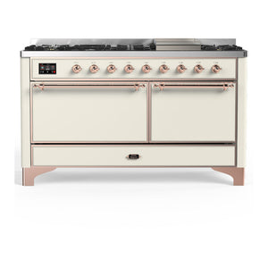 ILVE Majestic III 60-Inch Dual Fuel Range with 9 Sealed Burners + Griddle, 5.8 cu. ft. Oven, Antique White with Copper Trim, Liquid Propane, Solid Door, UM60FQNR3AWPLP