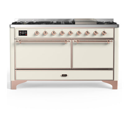 ILVE Majestic III 60-Inch Dual Fuel Range with 9 Sealed Burners + Griddle, 5.8 cu. ft. Oven, Antique White with Copper Trim, Liquid Propane, Solid Door, UM60FQNR3AWPLP