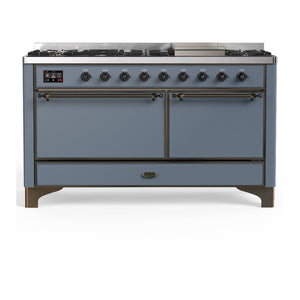 ILVE Majestic III 60-Inch Dual Fuel Range with 9 Sealed Burners + Griddle, 5.8 cu. ft. Oven, Blue Grey with Burnished Trim, Liquid Propane, Solid Door, UM60FQNR3BGBLP