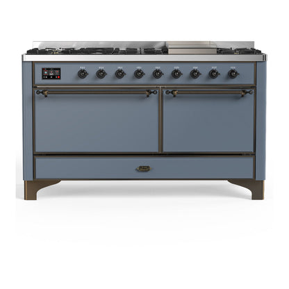 ILVE Majestic III 60-Inch Dual Fuel Range with 9 Sealed Burners + Griddle, 5.8 cu. ft. Oven, Blue Grey with Burnished Trim, Liquid Propane, Solid Door, UM60FQNR3BGBLP