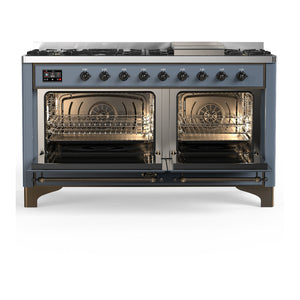ILVE Majestic III 60-Inch Dual Fuel Range with 9 Sealed Burners + Griddle, 5.8 cu. ft. Oven, Blue Grey with Burnished Trim, Liquid Propane, Solid Door, UM60FQNR3BGBLP
