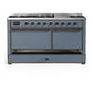 ILVE Majestic III 60-Inch Dual Fuel Range with 9 Sealed Burners + Griddle, 5.8 cu. ft. Oven, Blue Grey with Burnished Trim, Liquid Propane, Solid Door, UM60FQNR3BGBLP