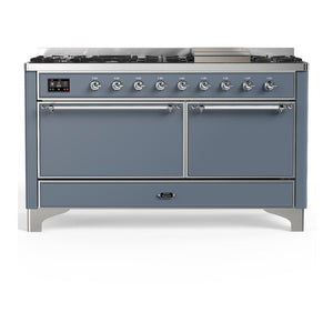 ILVE Majestic III 60-Inch Dual Fuel Range with 9 Sealed Burners + Griddle, 5.8 cu. ft. Oven, Blue Grey with Chrome Trim, Liquid Propane, Solid Door, UM60FQNR3BGCLP