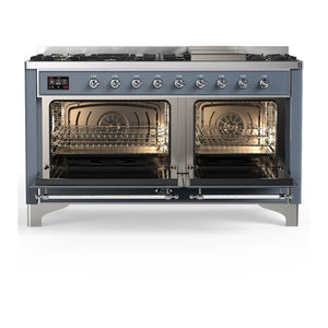 ILVE Majestic III 60-Inch Dual Fuel Range with 9 Sealed Burners + Griddle, 5.8 cu. ft. Oven, Blue Grey with Chrome Trim, Natural Gas, Solid Door, UM60FQNR3BGC