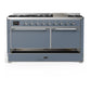 ILVE Majestic III 60-Inch Dual Fuel Range with 9 Sealed Burners + Griddle, 5.8 cu. ft. Oven, Blue Grey with Chrome Trim, Natural Gas, Solid Door, UM60FQNR3BGC