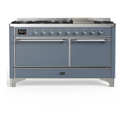 ILVE Majestic III 60-Inch Dual Fuel Range with 9 Sealed Burners + Griddle, 5.8 cu. ft. Oven, Blue Grey with Chrome Trim, Natural Gas, Solid Door, UM60FQNR3BGC