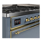 ILVE Majestic III 60-Inch Dual Fuel Range with 9 Sealed Burners + Griddle, 5.8 cu. ft. Oven, Blue Grey with Brass Trim, Liquid Propane, Solid Door, UM60FQNR3BGGLP