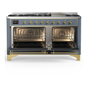 ILVE Majestic III 60-Inch Dual Fuel Range with 9 Sealed Burners + Griddle, 5.8 cu. ft. Oven, Blue Grey with Brass Trim, Liquid Propane, Solid Door, UM60FQNR3BGGLP