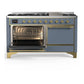 ILVE Majestic III 60-Inch Dual Fuel Range with 9 Sealed Burners + Griddle, 5.8 cu. ft. Oven, Blue Grey with Brass Trim, Liquid Propane, Solid Door, UM60FQNR3BGGLP