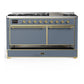 ILVE Majestic III 60-Inch Dual Fuel Range with 9 Sealed Burners + Griddle, 5.8 cu. ft. Oven, Blue Grey with Brass Trim, Liquid Propane, Solid Door, UM60FQNR3BGGLP