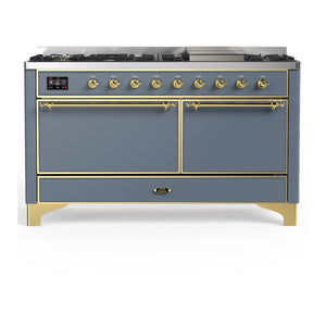 ILVE Majestic III 60-Inch Dual Fuel Range with 9 Sealed Burners + Griddle, 5.8 cu. ft. Oven, Blue Grey with Brass Trim, Liquid Propane, Solid Door, UM60FQNR3BGGLP