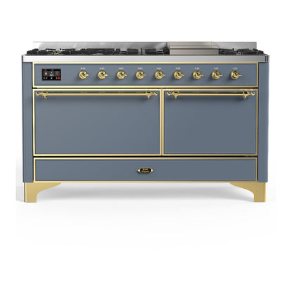 ILVE Majestic III 60-Inch Dual Fuel Range with 9 Sealed Burners + Griddle, 5.8 cu. ft. Oven, Blue Grey with Brass Trim, Liquid Propane, Solid Door, UM60FQNR3BGGLP