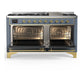 ILVE Majestic III 60-Inch Dual Fuel Range with 9 Sealed Burners + Griddle, 5.8 cu. ft. Oven, Blue Grey with Brass Trim, Natural Gas, Solid Door, UM60FQNR3BGG