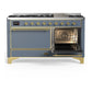ILVE Majestic III 60-Inch Dual Fuel Range with 9 Sealed Burners + Griddle, 5.8 cu. ft. Oven, Blue Grey with Brass Trim, Natural Gas, Solid Door, UM60FQNR3BGG