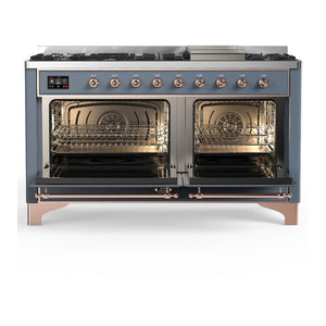 ILVE Majestic III 60-Inch Dual Fuel Range with 9 Sealed Burners + Griddle, 5.8 cu. ft. Oven, Blue Grey with Copper Trim, Liquid Propane, Solid Door, UM60FQNR3BGPLP