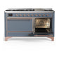 ILVE Majestic III 60-Inch Dual Fuel Range with 9 Sealed Burners + Griddle, 5.8 cu. ft. Oven, Blue Grey with Copper Trim, Liquid Propane, Solid Door, UM60FQNR3BGPLP