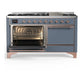 ILVE Majestic III 60-Inch Dual Fuel Range with 9 Sealed Burners + Griddle, 5.8 cu. ft. Oven, Blue Grey with Copper Trim, Liquid Propane, Solid Door, UM60FQNR3BGPLP