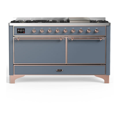 ILVE Majestic III 60-Inch Dual Fuel Range with 9 Sealed Burners + Griddle, 5.8 cu. ft. Oven, Blue Grey with Copper Trim, Natural Gas, Solid Door, UM60FQNR3BGP