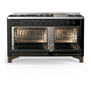 ILVE Majestic III 60-Inch Dual Fuel Range with 9 Sealed Burners + Griddle, 5.8 cu. ft. Oven, Glossy Black with Burnished Trim, Liquid Propane, Solid Door, UM60FQNR3BKBLP