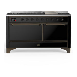 ILVE Majestic III 60-Inch Dual Fuel Range with 9 Sealed Burners + Griddle, 5.8 cu. ft. Oven, Glossy Black with Burnished Trim, Liquid Propane, Solid Door, UM60FQNR3BKBLP