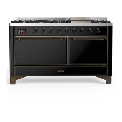 ILVE Majestic III 60-Inch Dual Fuel Range with 9 Sealed Burners + Griddle, 5.8 cu. ft. Oven, Glossy Black with Burnished Trim, Natural Gas, Solid Door, UM60FQNR3BKB