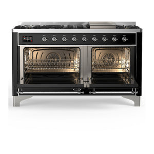 ILVE Majestic III 60-Inch Dual Fuel Range with 9 Sealed Burners + Griddle, 5.8 cu. ft. Oven, Glossy Black with Chrome Trim, Liquid Propane, Solid Door, UM60FQNR3BKCLP