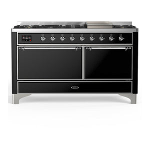 ILVE Majestic III 60-Inch Dual Fuel Range with 9 Sealed Burners + Griddle, 5.8 cu. ft. Oven, Glossy Black with Chrome Trim, Natural Gas, Solid Door, UM60FQNR3BKC