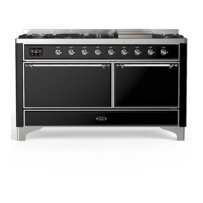 ILVE Majestic III 60-Inch Dual Fuel Range with 9 Sealed Burners + Griddle, 5.8 cu. ft. Oven, Glossy Black with Chrome Trim, Natural Gas, Solid Door, UM60FQNR3BKC