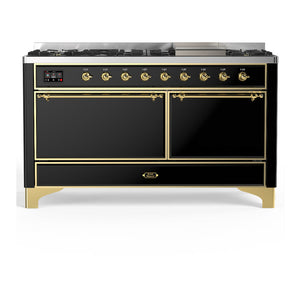 ILVE Majestic III 60-Inch Dual Fuel Range with 9 Sealed Burners + Griddle, 5.8 cu. ft. Oven, Glossy Black with Brass Trim, Liquid Propane, Solid Door, UM60FQNR3BKGLP