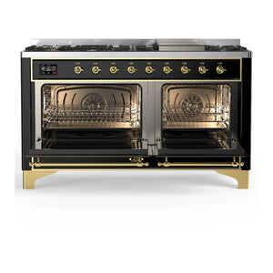 ILVE Majestic III 60-Inch Dual Fuel Range with 9 Sealed Burners + Griddle, 5.8 cu. ft. Oven, Glossy Black with Brass Trim, Liquid Propane, Solid Door, UM60FQNR3BKGLP