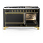 ILVE Majestic III 60-Inch Dual Fuel Range with 9 Sealed Burners + Griddle, 5.8 cu. ft. Oven, Glossy Black with Brass Trim, Liquid Propane, Solid Door, UM60FQNR3BKGLP