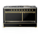 ILVE Majestic III 60-Inch Dual Fuel Range with 9 Sealed Burners + Griddle, 5.8 cu. ft. Oven, Glossy Black with Brass Trim, Liquid Propane, Solid Door, UM60FQNR3BKGLP