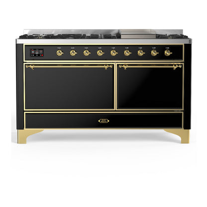 ILVE Majestic III 60-Inch Dual Fuel Range with 9 Sealed Burners + Griddle, 5.8 cu. ft. Oven, Glossy Black with Brass Trim, Natural Gas, Solid Door, UM60FQNR3BKG