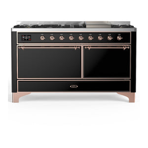 ILVE Majestic III 60-Inch Dual Fuel Range with 9 Sealed Burners + Griddle, 5.8 cu. ft. Oven, Glossy Black with Copper Trim, Natural Gas, Solid Door, UM60FQNR3BKP
