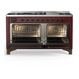 ILVE Majestic III 60-Inch Dual Fuel Range with 9 Sealed Burners + Griddle, 5.8 cu. ft. Oven, Burgundy with Burnished Trim, Liquid Propane, Solid Door, UM60FQNR3BUBLP