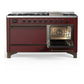 ILVE Majestic III 60-Inch Dual Fuel Range with 9 Sealed Burners + Griddle, 5.8 cu. ft. Oven, Burgundy with Burnished Trim, Liquid Propane, Solid Door, UM60FQNR3BUBLP