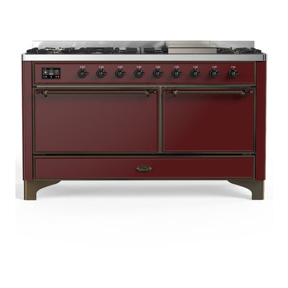 ILVE Majestic III 60-Inch Dual Fuel Range with 9 Sealed Burners + Griddle, 5.8 cu. ft. Oven, Burgundy with Burnished Trim, Liquid Propane, Solid Door, UM60FQNR3BUBLP