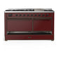 ILVE Majestic III 60-Inch Dual Fuel Range with 9 Sealed Burners + Griddle, 5.8 cu. ft. Oven, Burgundy with Burnished Trim, Natural Gas, Solid Door, UM60FQNR3BUB