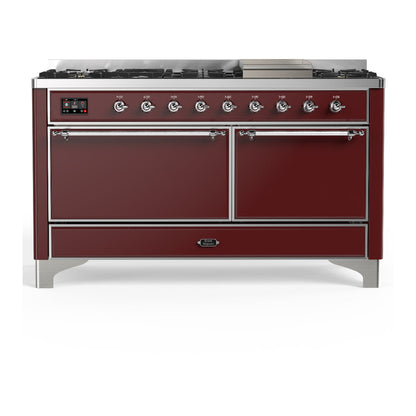 ILVE Majestic III 60-Inch Dual Fuel Range with 9 Sealed Burners + Griddle, 5.8 cu. ft. Oven, Burgundy with Chrome Trim, Liquid Propane, Solid Door, UM60FQNR3BUCLP