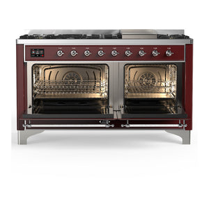ILVE Majestic III 60-Inch Dual Fuel Range with 9 Sealed Burners + Griddle, 5.8 cu. ft. Oven, Burgundy with Chrome Trim, Liquid Propane, Solid Door, UM60FQNR3BUCLP