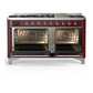 ILVE Majestic III 60-Inch Dual Fuel Range with 9 Sealed Burners + Griddle, 5.8 cu. ft. Oven, Burgundy with Chrome Trim, Natural Gas, Solid Door, UM60FQNR3BUC