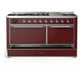 ILVE Majestic III 60-Inch Dual Fuel Range with 9 Sealed Burners + Griddle, 5.8 cu. ft. Oven, Burgundy with Chrome Trim, Natural Gas, Solid Door, UM60FQNR3BUC